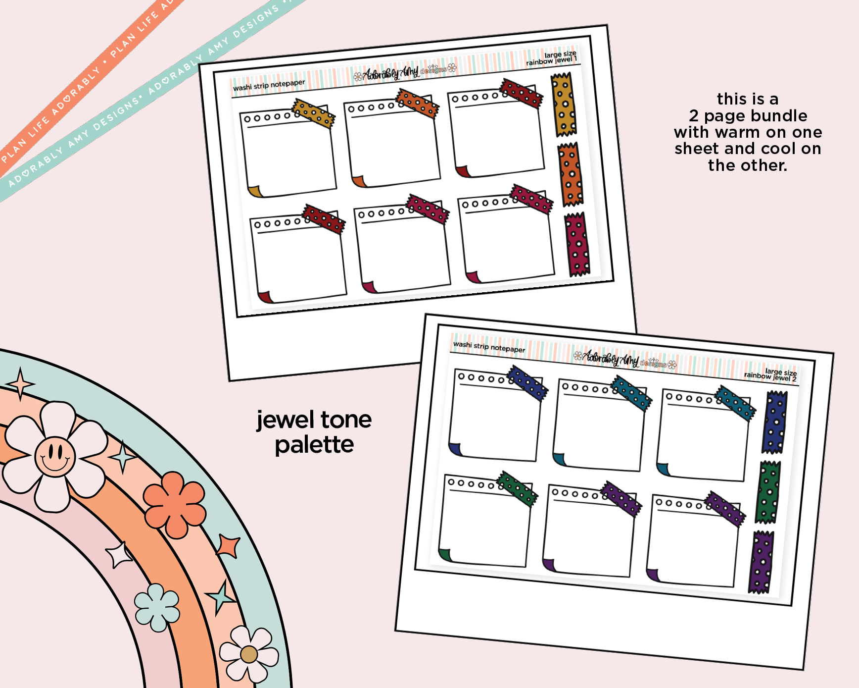 Rainbow Doodled Wash Strip Notepaper Boxes Large/Jumbo Size Stickers - Adorably Amy Designs
