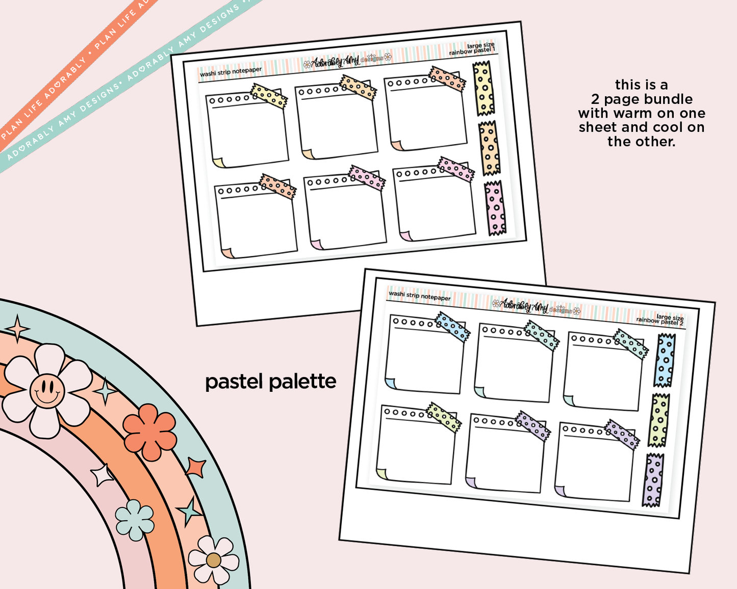 Rainbow Doodled Wash Strip Notepaper Boxes Large/Jumbo Size Stickers - Adorably Amy Designs