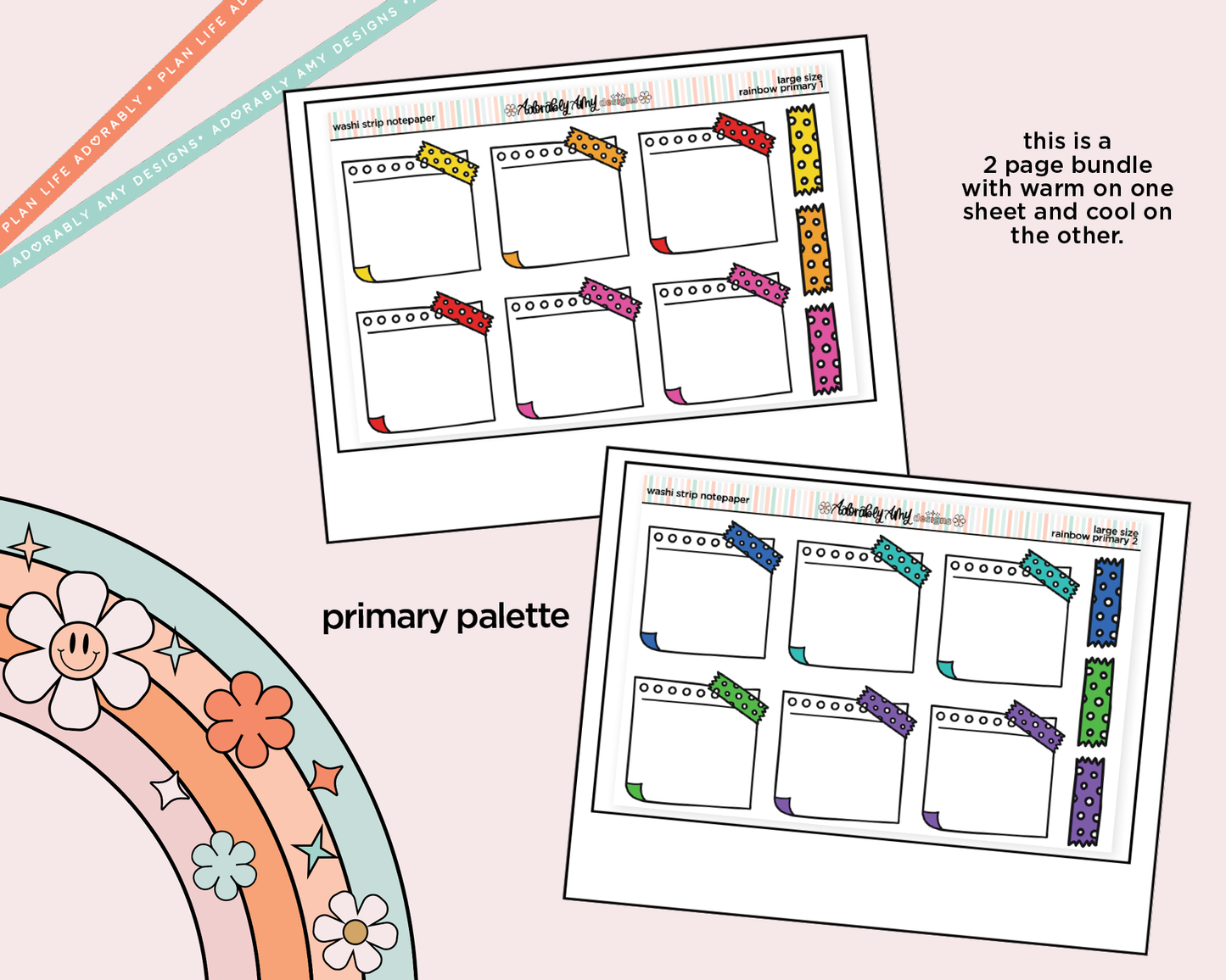 Rainbow Doodled Wash Strip Notepaper Boxes Large/Jumbo Size Stickers - Adorably Amy Designs