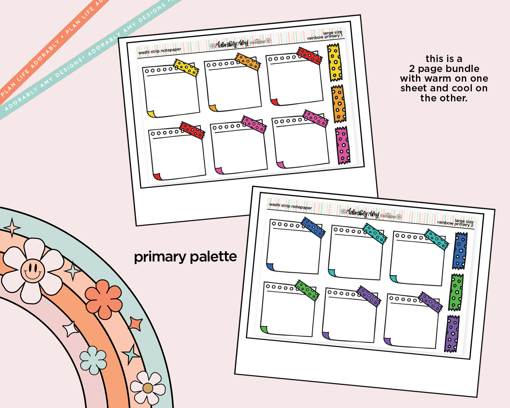 Rainbow Doodled Wash Strip Notepaper Boxes Large/Jumbo Size Stickers - Adorably Amy Designs