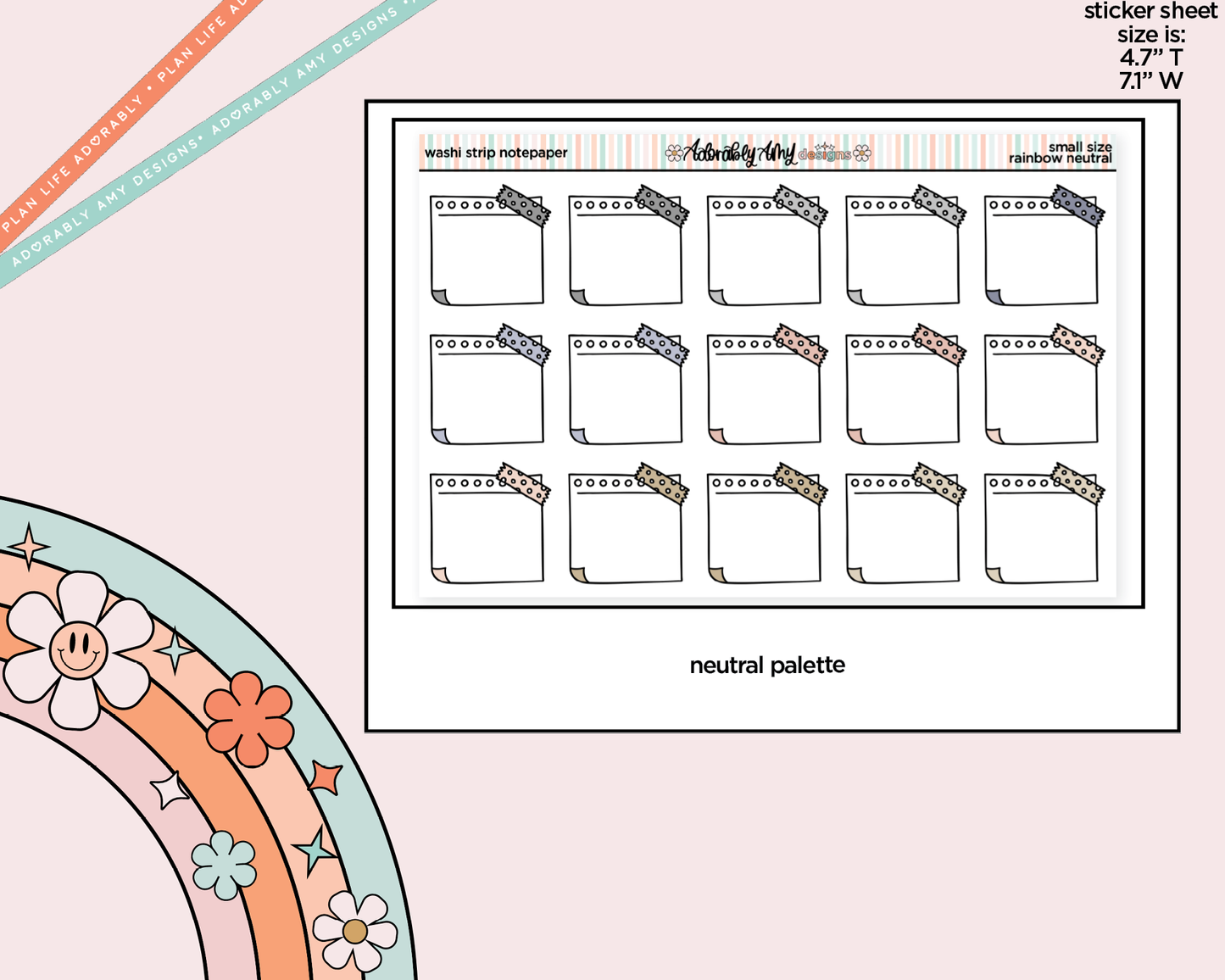 Rainbow Doodled Washi Strip Notepaper Boxes Small Size Planner Stickers - Adorably Amy Designs