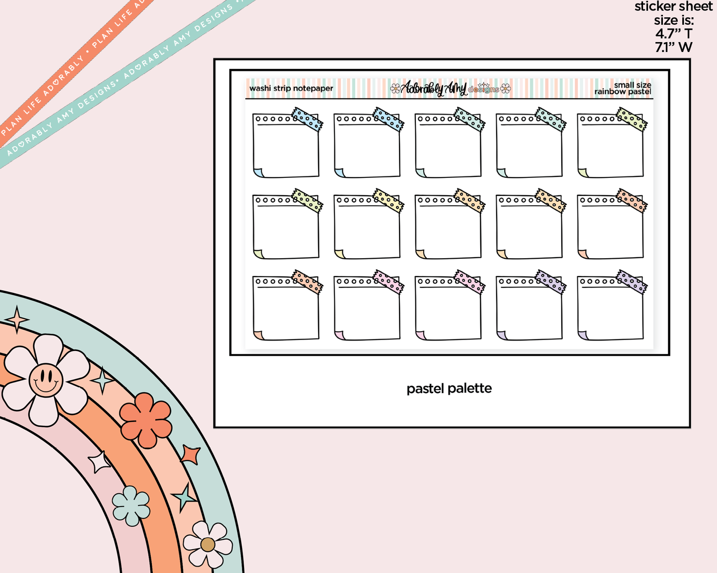 Rainbow Doodled Washi Strip Notepaper Boxes Small Size Planner Stickers - Adorably Amy Designs