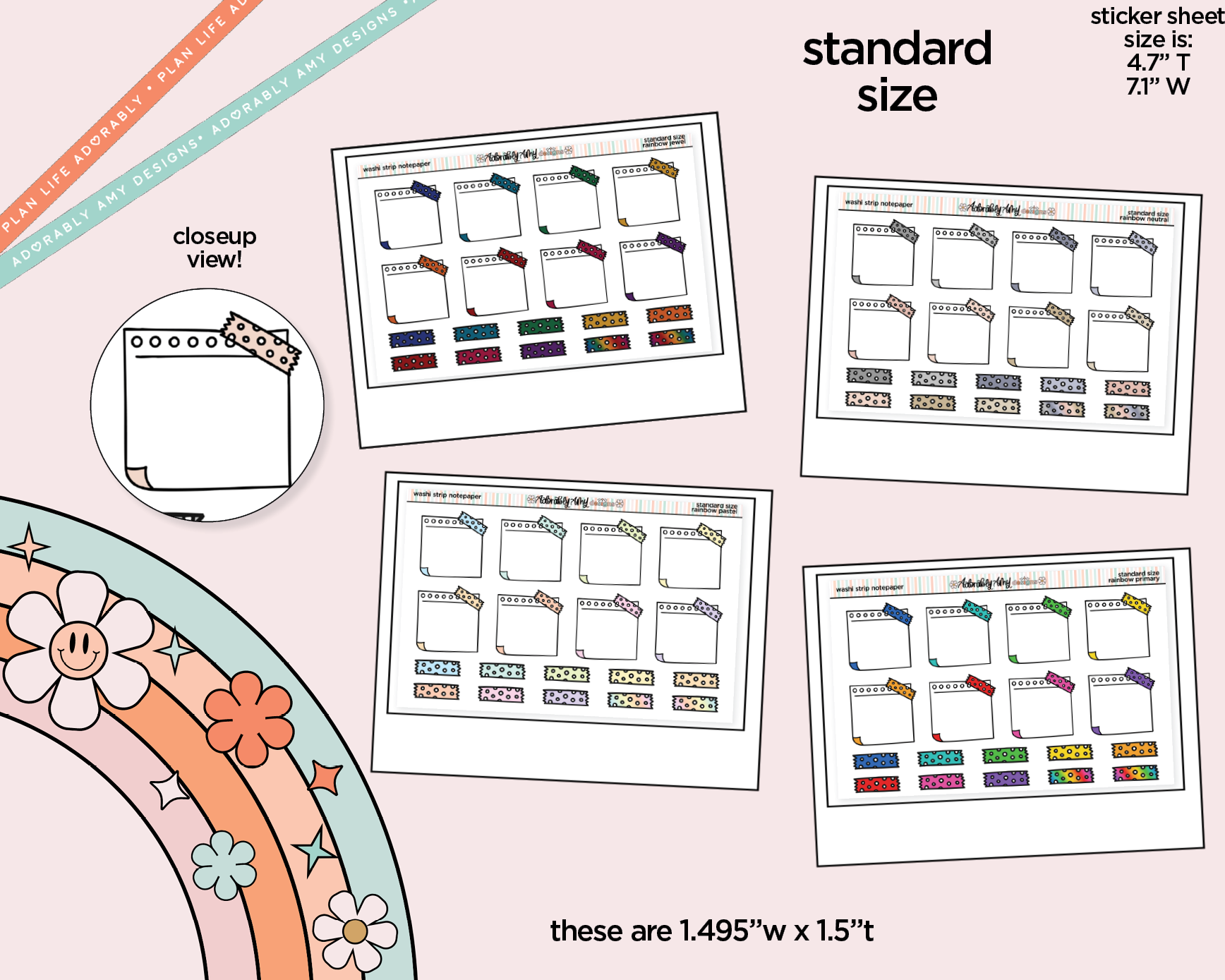 Rainbow Doodled Washi Strip Notepaper Boxes Standard Size Stickers - Adorably Amy Designs