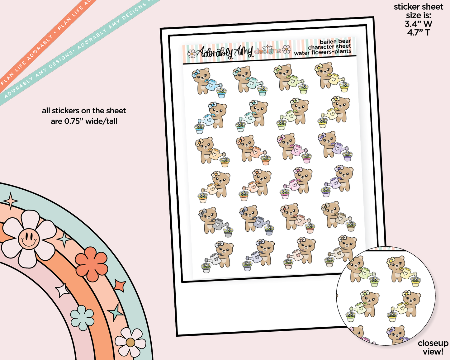 Bailee Bear Water Plants - Water Flowers Decoration Character Planner Stickers - Adorably Amy Designs