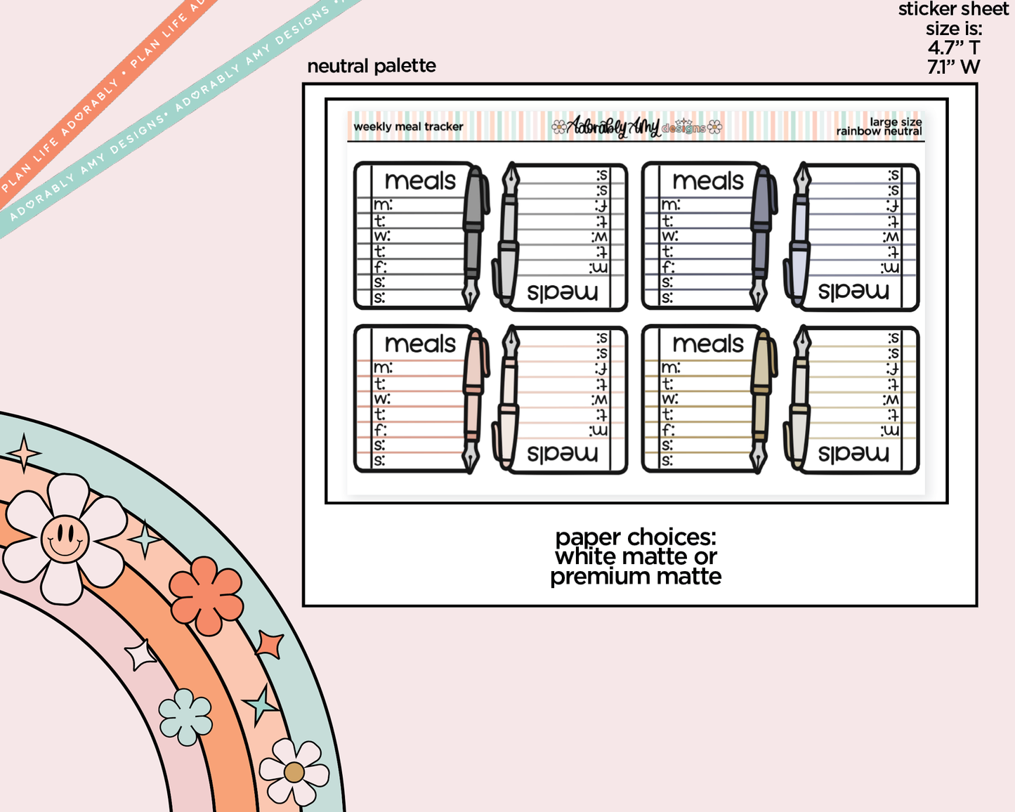 Rainbow Doodled Weekly Meal Tracker Large/Jumbo Size Stickers