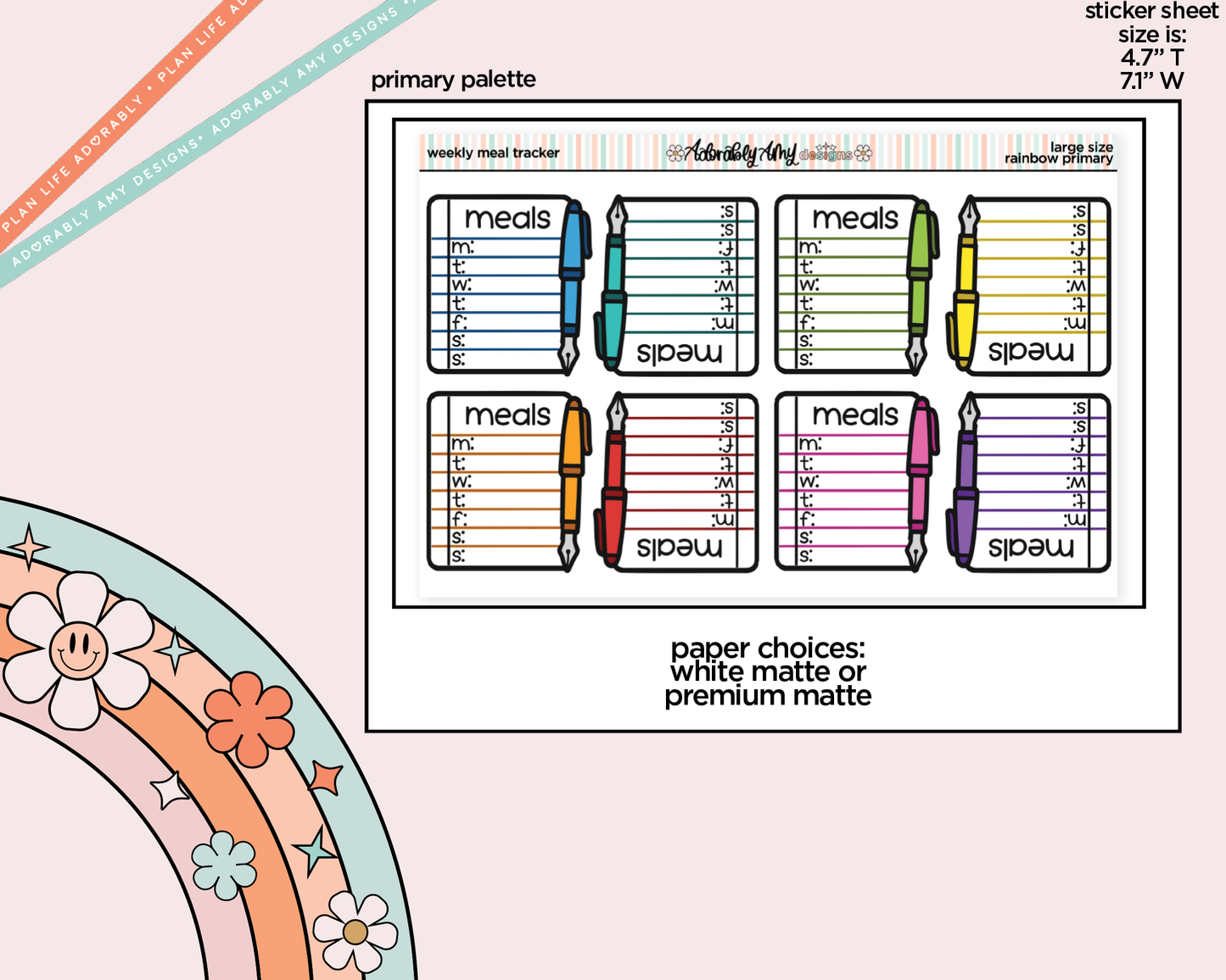 Rainbow Doodled Weekly Meal Tracker Large/Jumbo Size Stickers