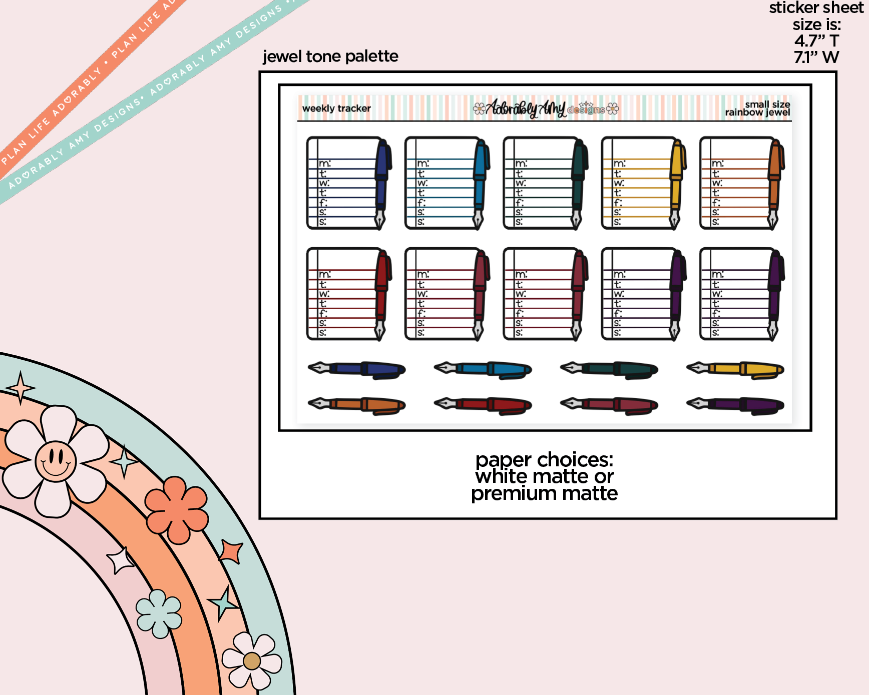 Rainbow Doodled Weekly Tracker Small Size Planner Stickers - Adorably Amy Designs