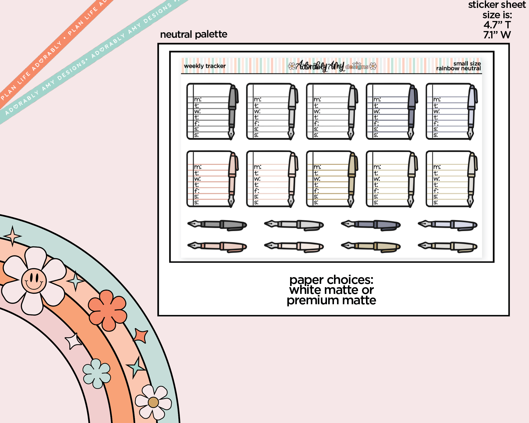 Rainbow Doodled Weekly Tracker Small Size Planner Stickers - Adorably Amy Designs