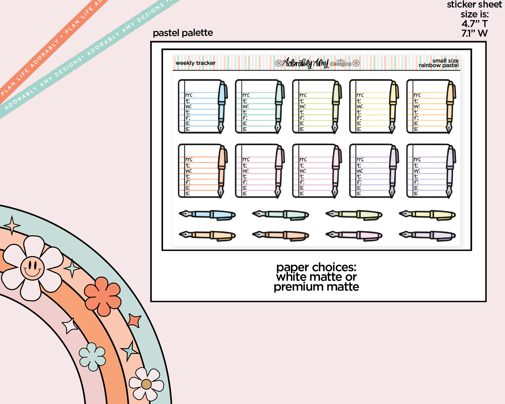 Rainbow Doodled Weekly Tracker Small Size Planner Stickers - Adorably Amy Designs