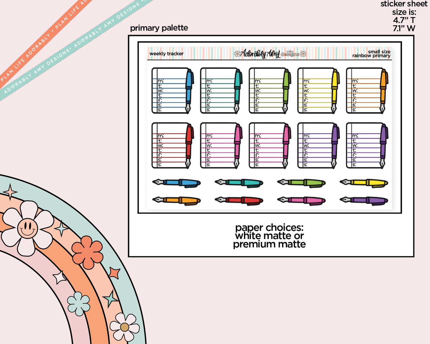 Rainbow Doodled Weekly Tracker Small Size Planner Stickers - Adorably Amy Designs