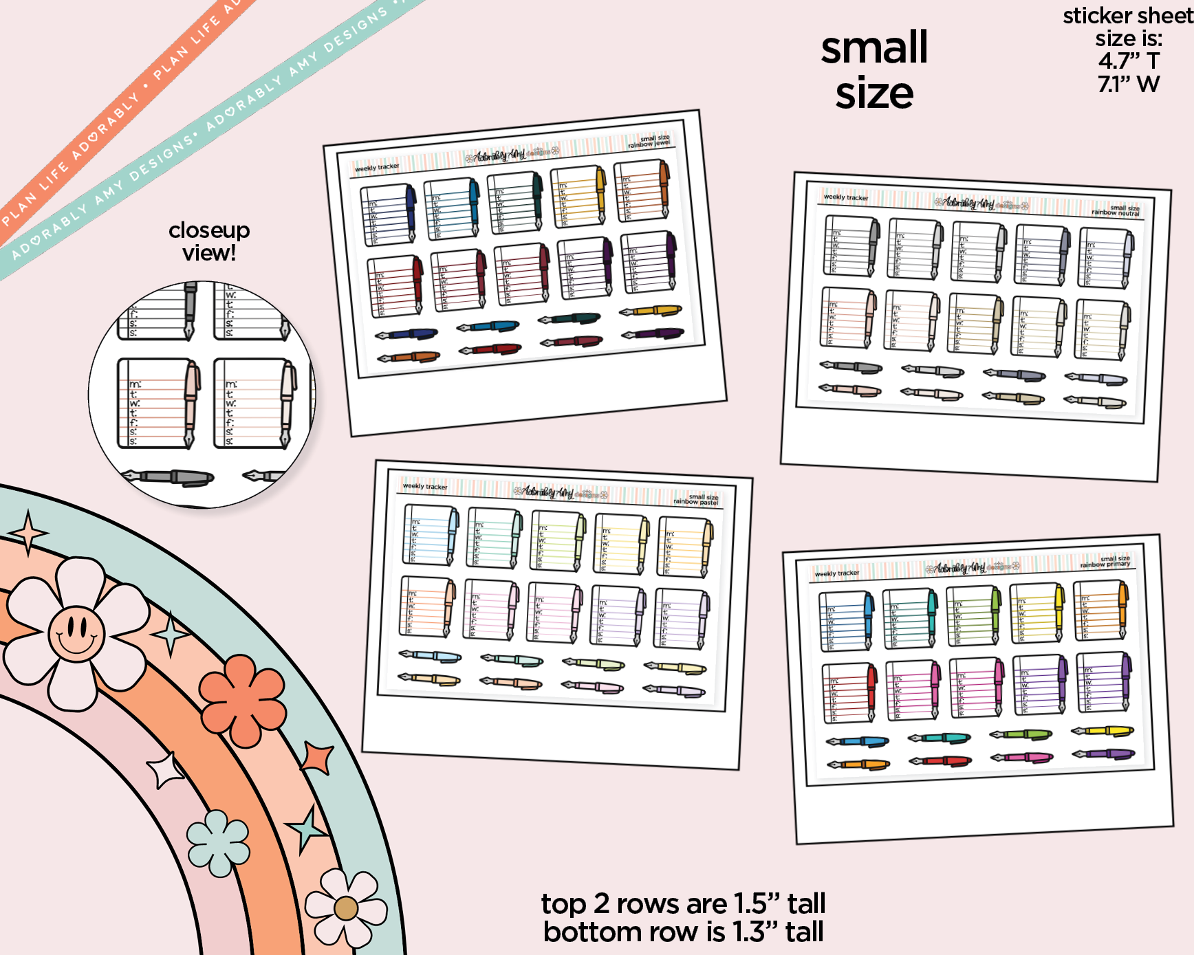 Rainbow Doodled Weekly Tracker Small Size Planner Stickers - Adorably Amy Designs