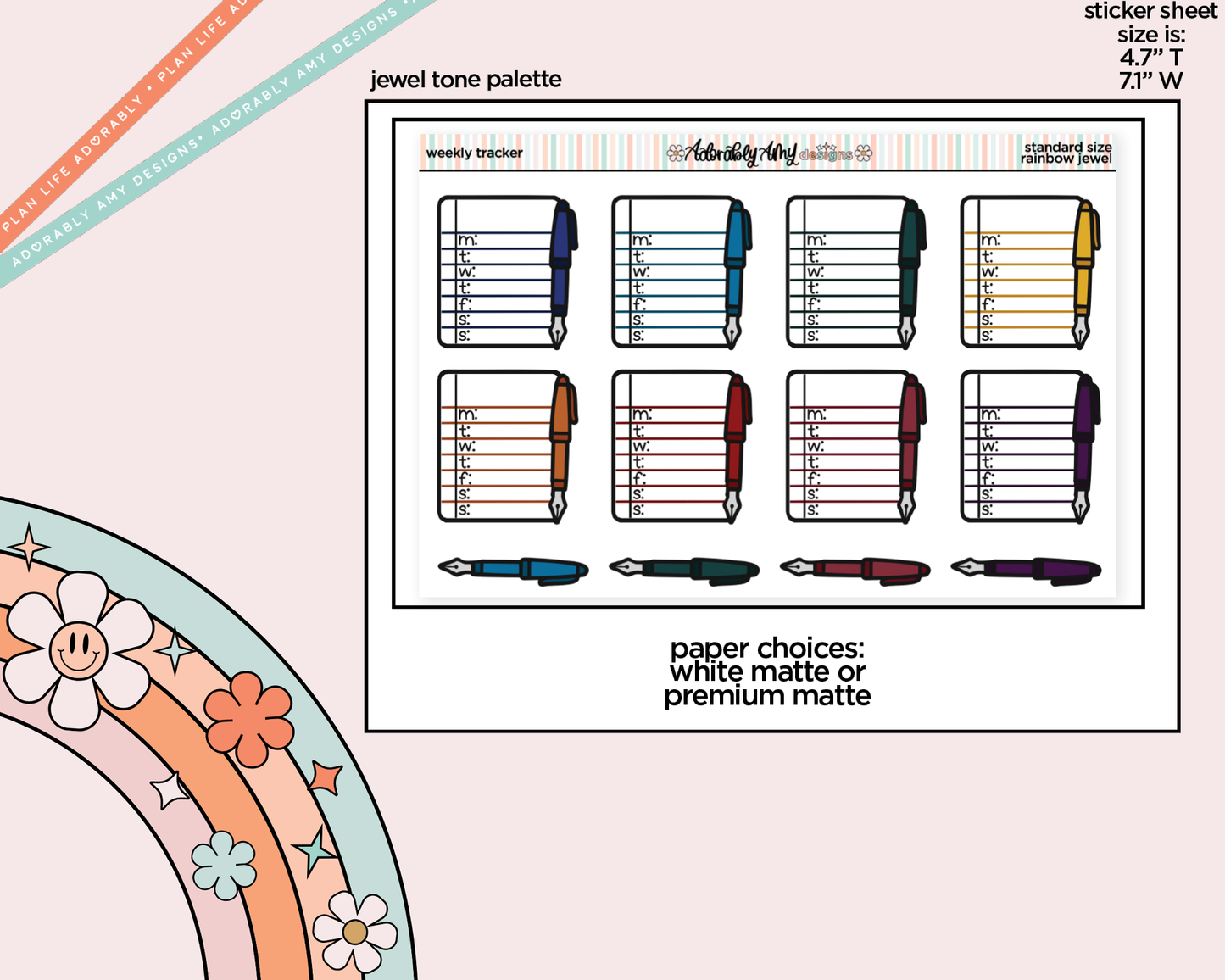 Rainbow Doodled Weekly Trackers Standard Size Stickers - Adorably Amy Designs