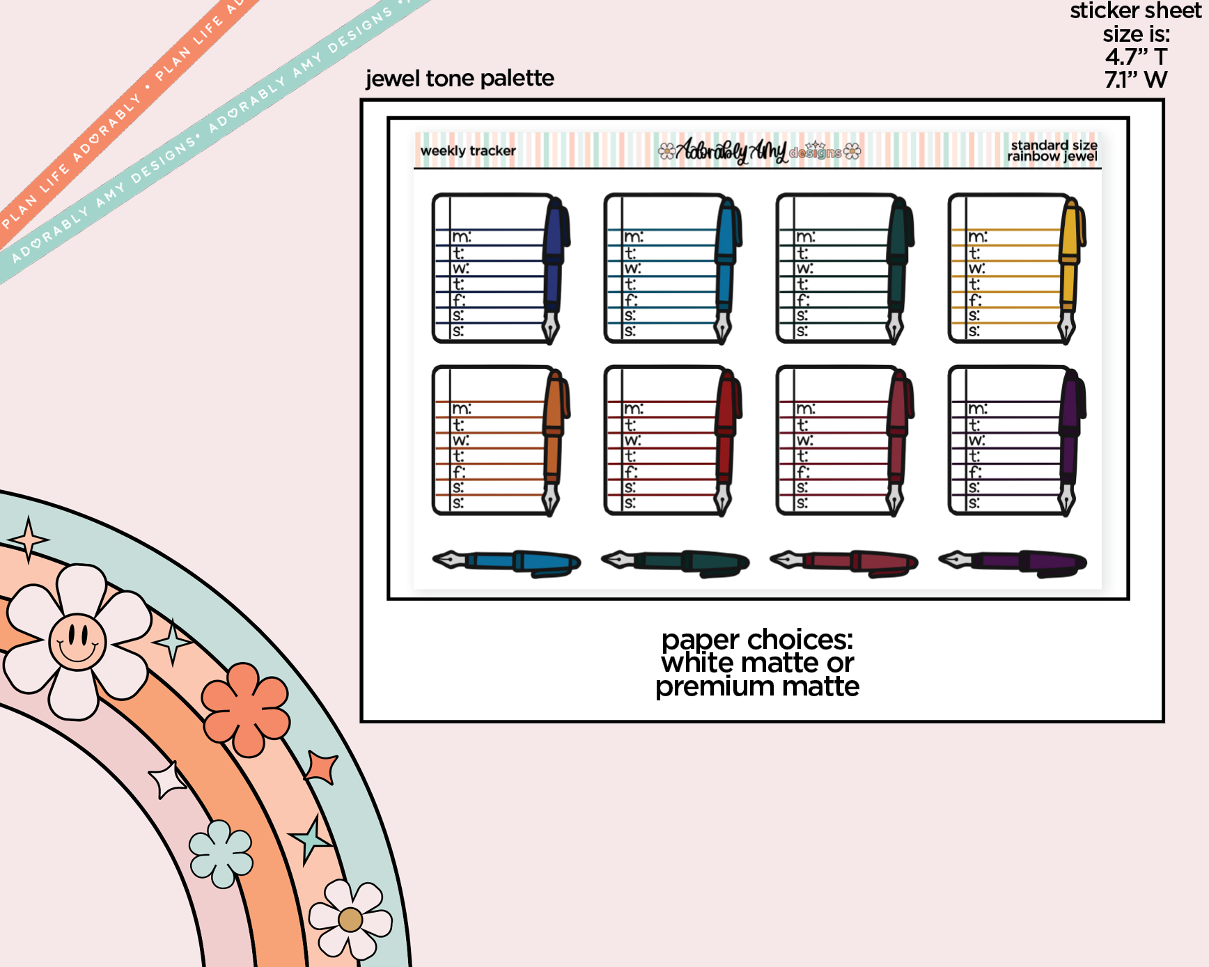 Rainbow Doodled Weekly Trackers Standard Size Stickers - Adorably Amy Designs
