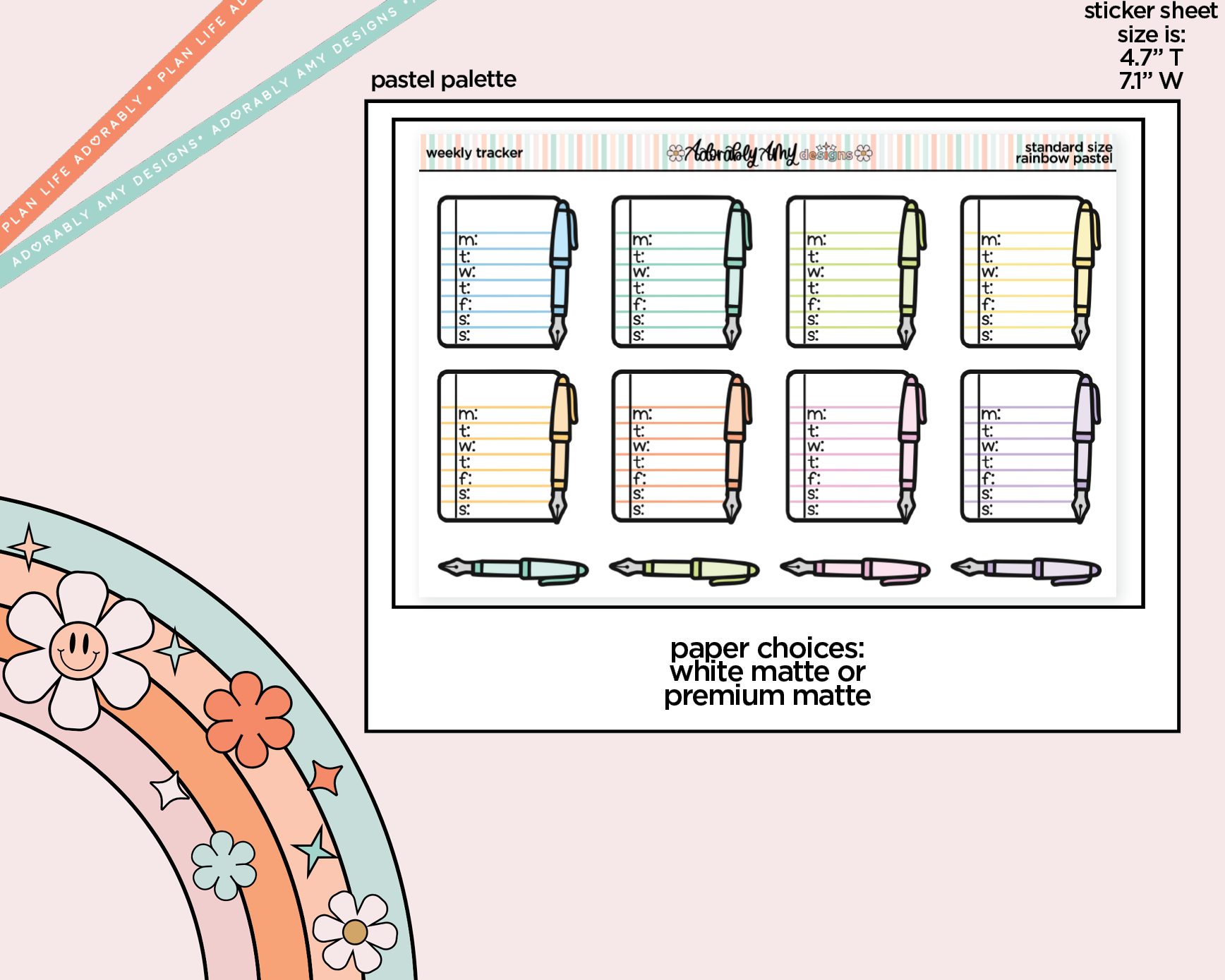 Rainbow Doodled Weekly Trackers Standard Size Stickers - Adorably Amy Designs