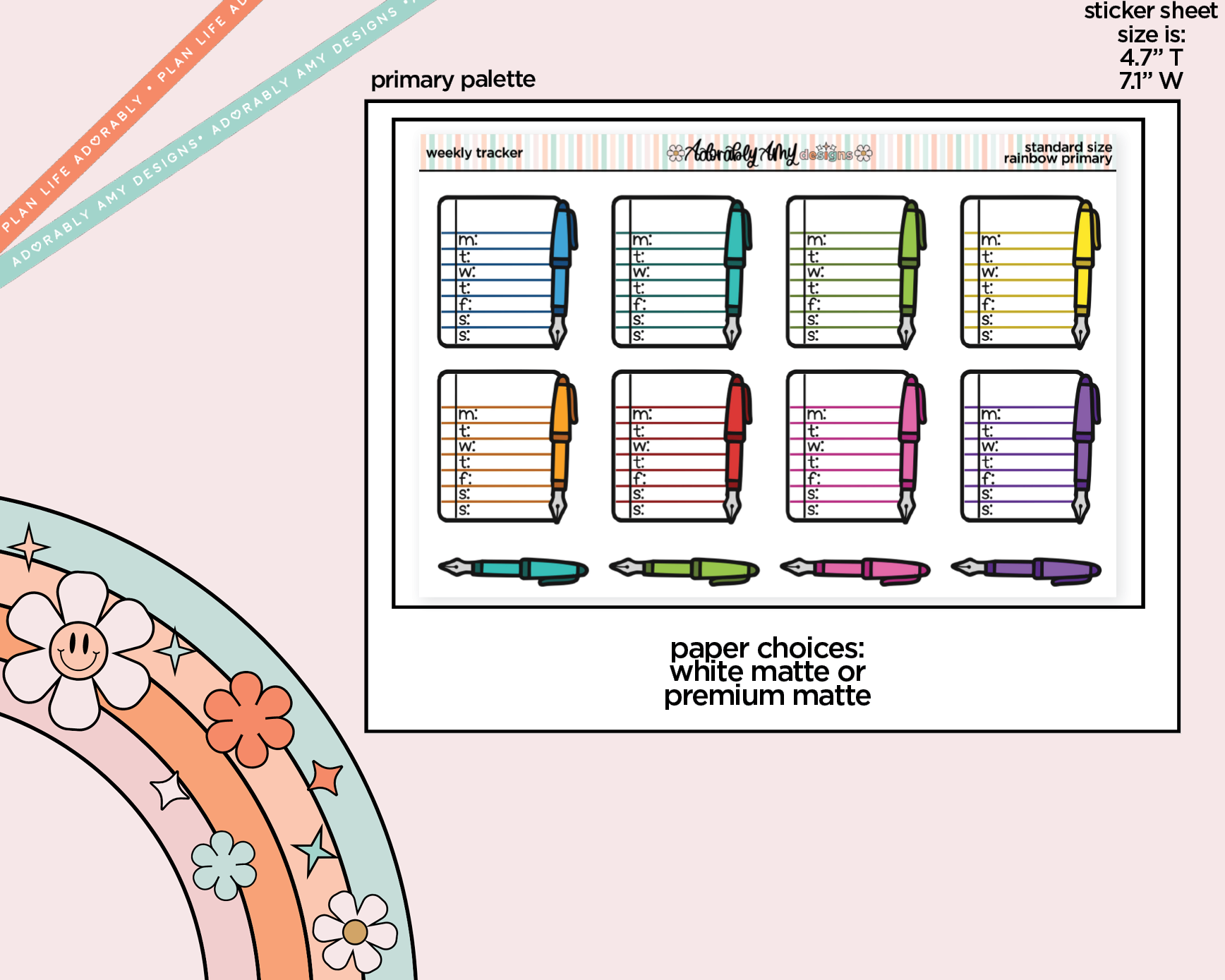 Rainbow Doodled Weekly Trackers Standard Size Stickers - Adorably Amy Designs
