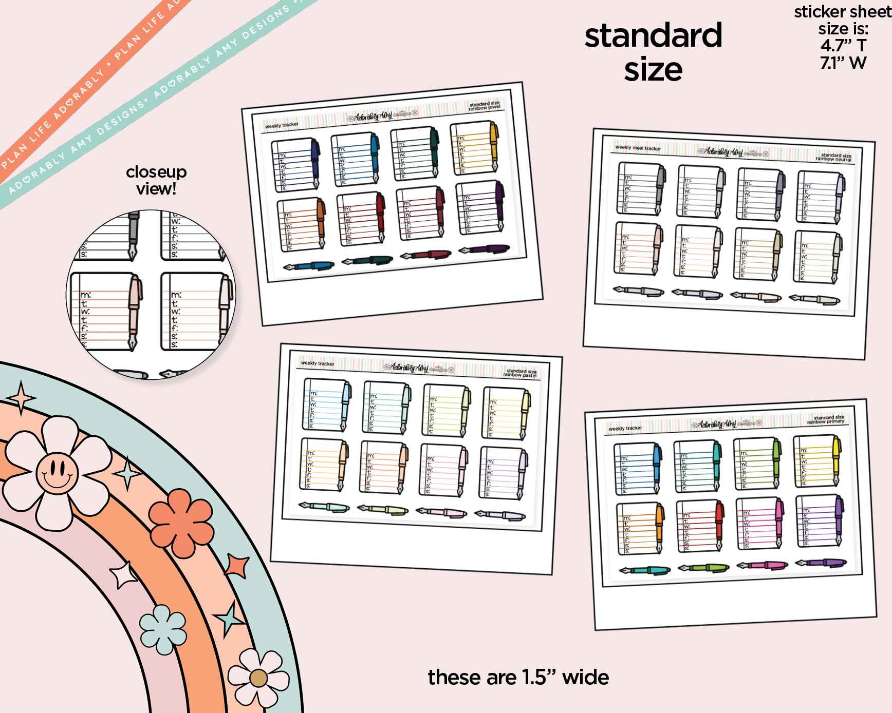 Rainbow Doodled Weekly Trackers Standard Size Stickers - Adorably Amy Designs