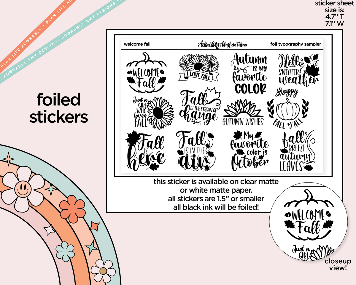 Foiled Welcome Fall Typography Sampler Planner Stickers