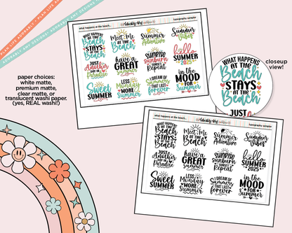 What Happens on the Beach Summer Deco Typography Sampler Planner Stickers