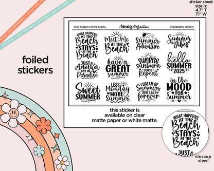 Foiled What Happens on the Beach Stays on the Beach Summer Deco Typography Sampler Planner Stickers