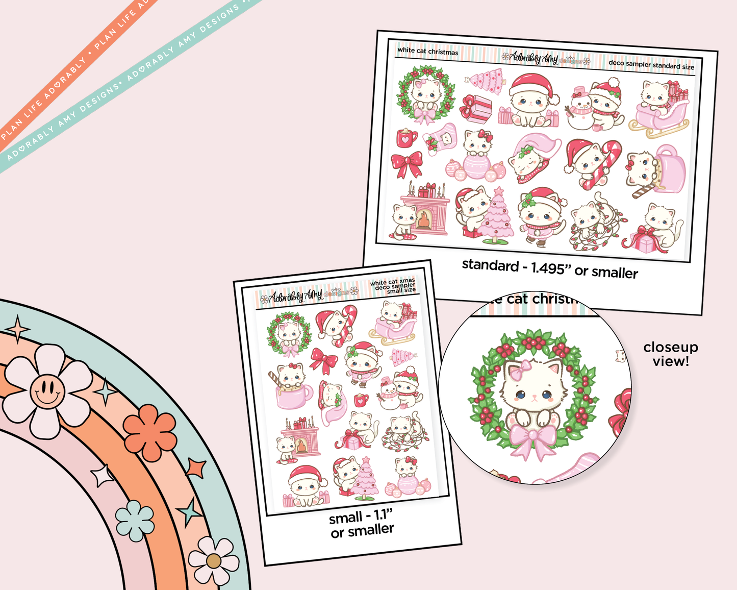 White Cat Christmas Deco Samplers in 3 Sizes Decorative Planner Stickers