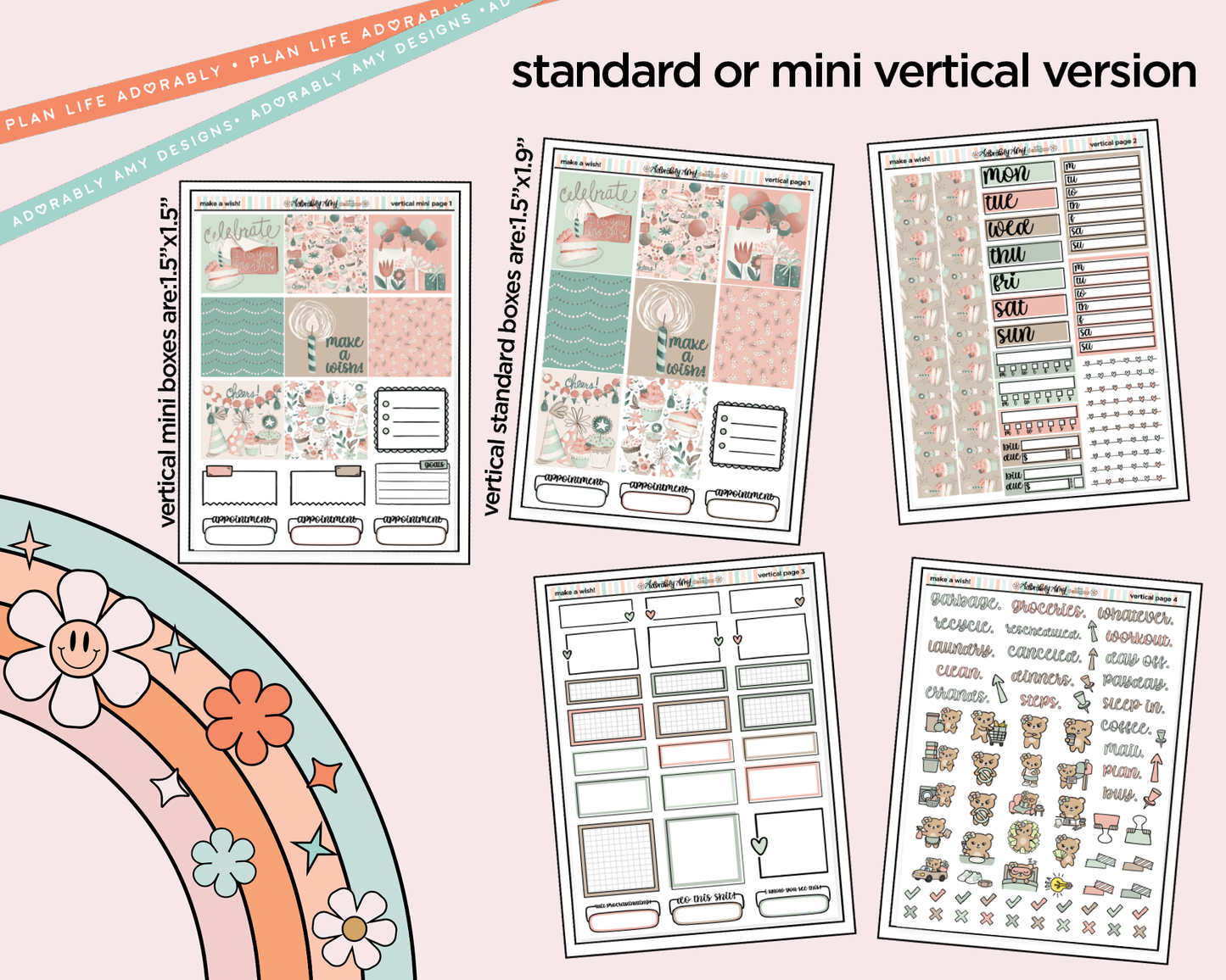 Vertical Make a Wish! Birthday Themed Sticker Kit for Vertical Standard Size Planners or Insert