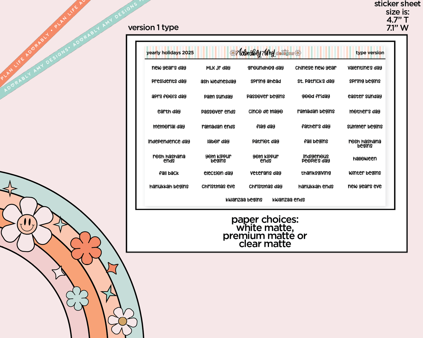 Yearly Holidays 2025 Planner Stickers for any Planner or Insert