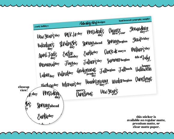 Hand Lettered Script Large Yearly Holidays Reminder Tracker Stickers for any Planner or Insert