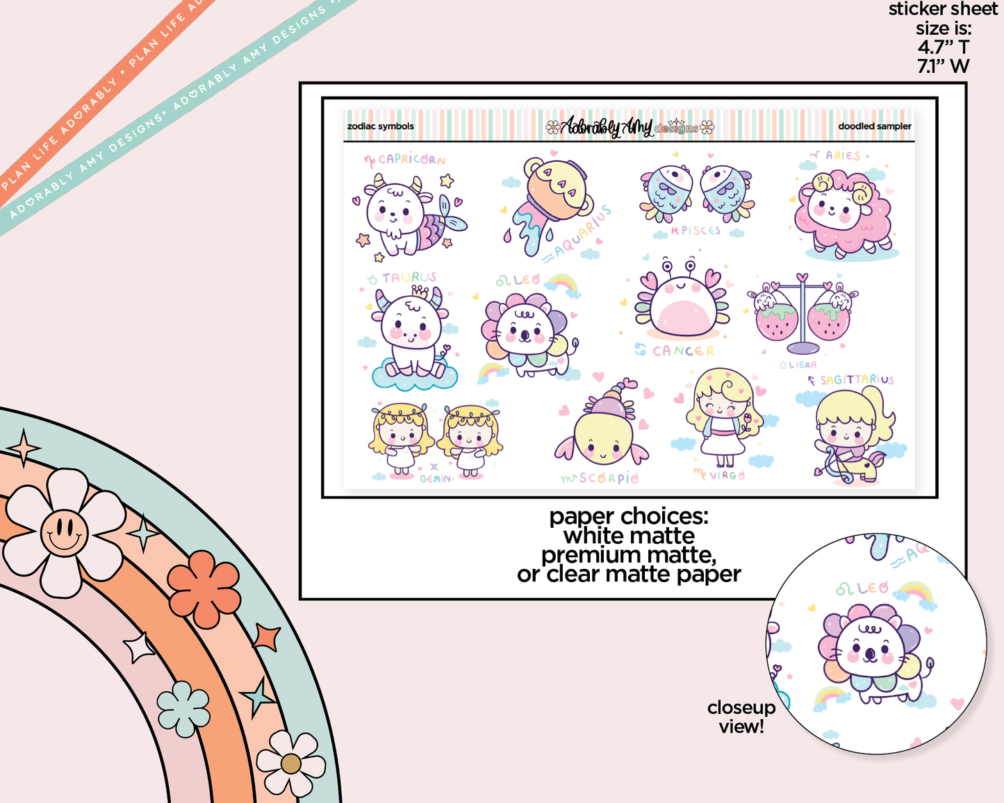 Doodled Pastel Kawaii Zodiac Symbols Decorative Planner Stickers