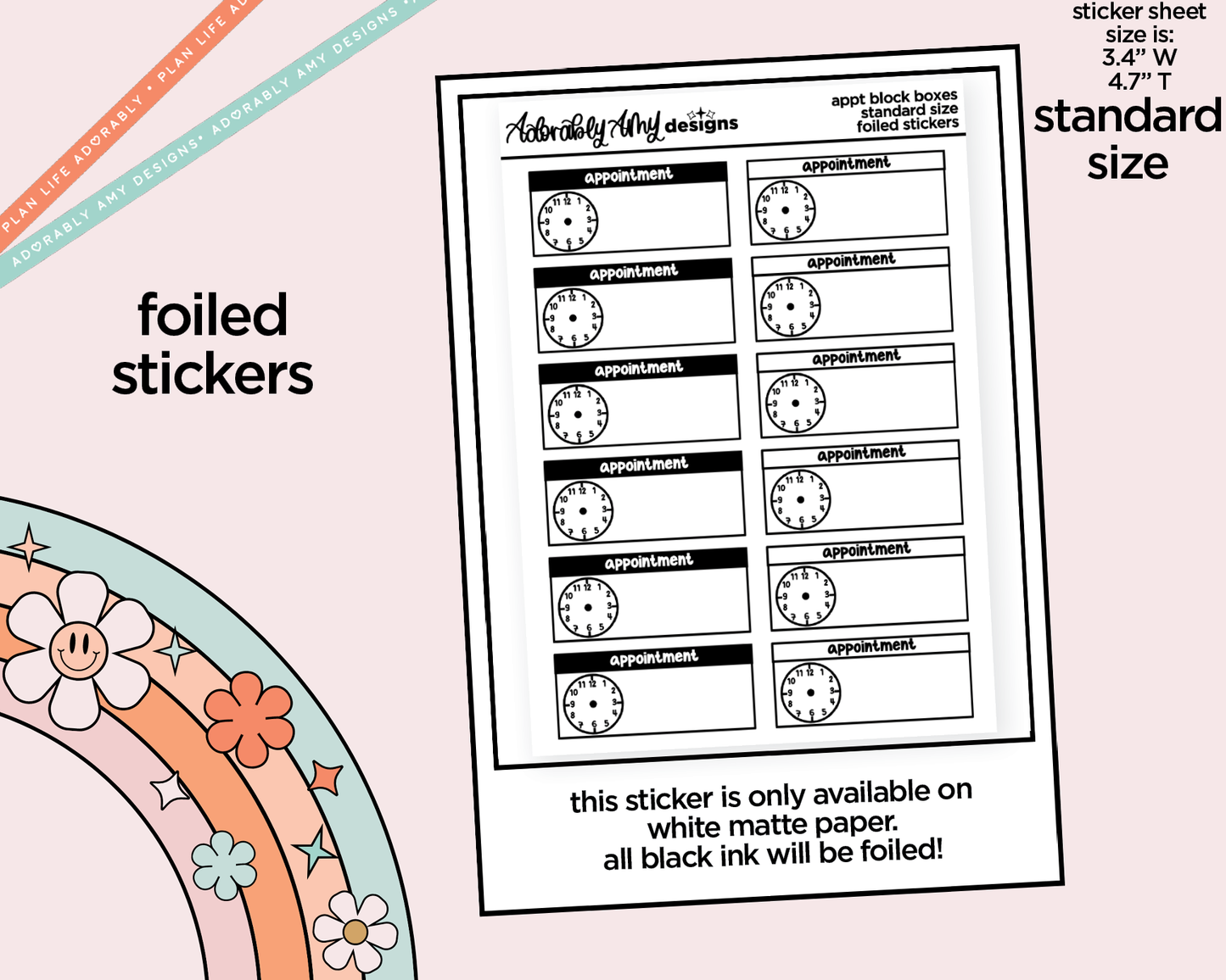 Foiled Small Appointment Clock Planner Stickers for Hobo Cousin or any Planner or Insert