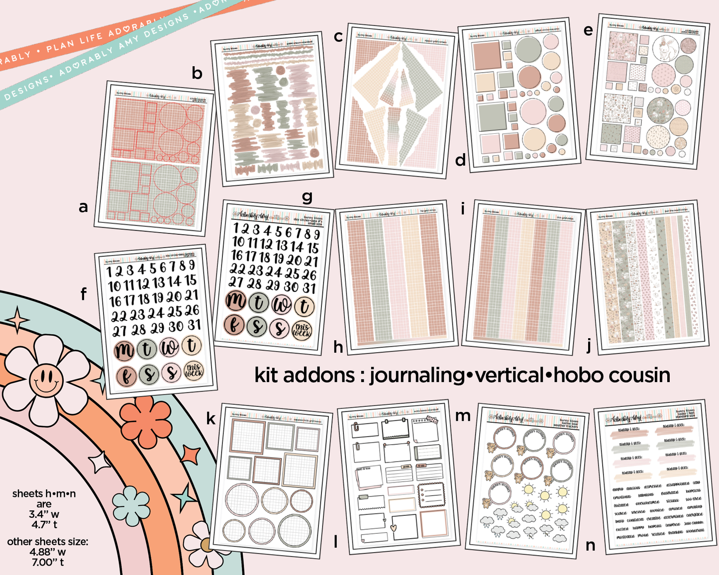 Easter Bunny Collection of planner stickers and sheets on a pink background with text indicating kit additions.