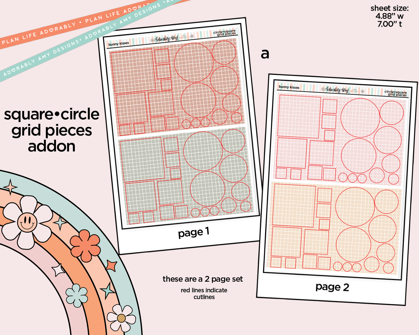 Two pages of grid pieces addon with square and circle patterns on a light pink background.