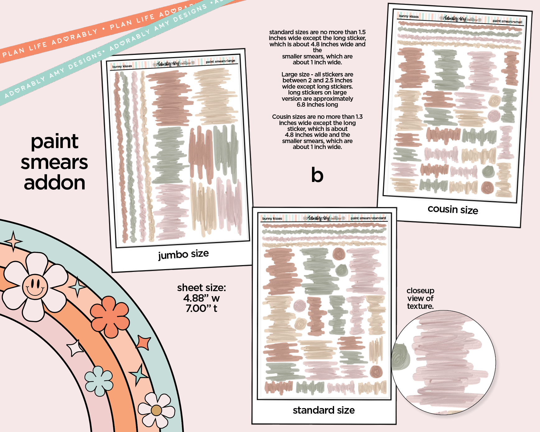 Sticker sheets with paint smear designs and text on a pink background