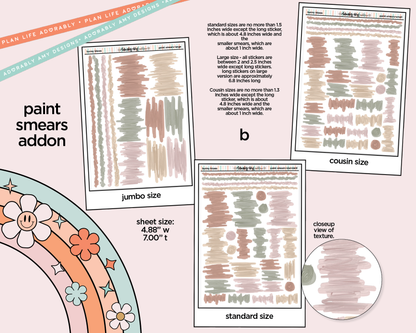Sticker sheets with paint smear designs and text on a pink background