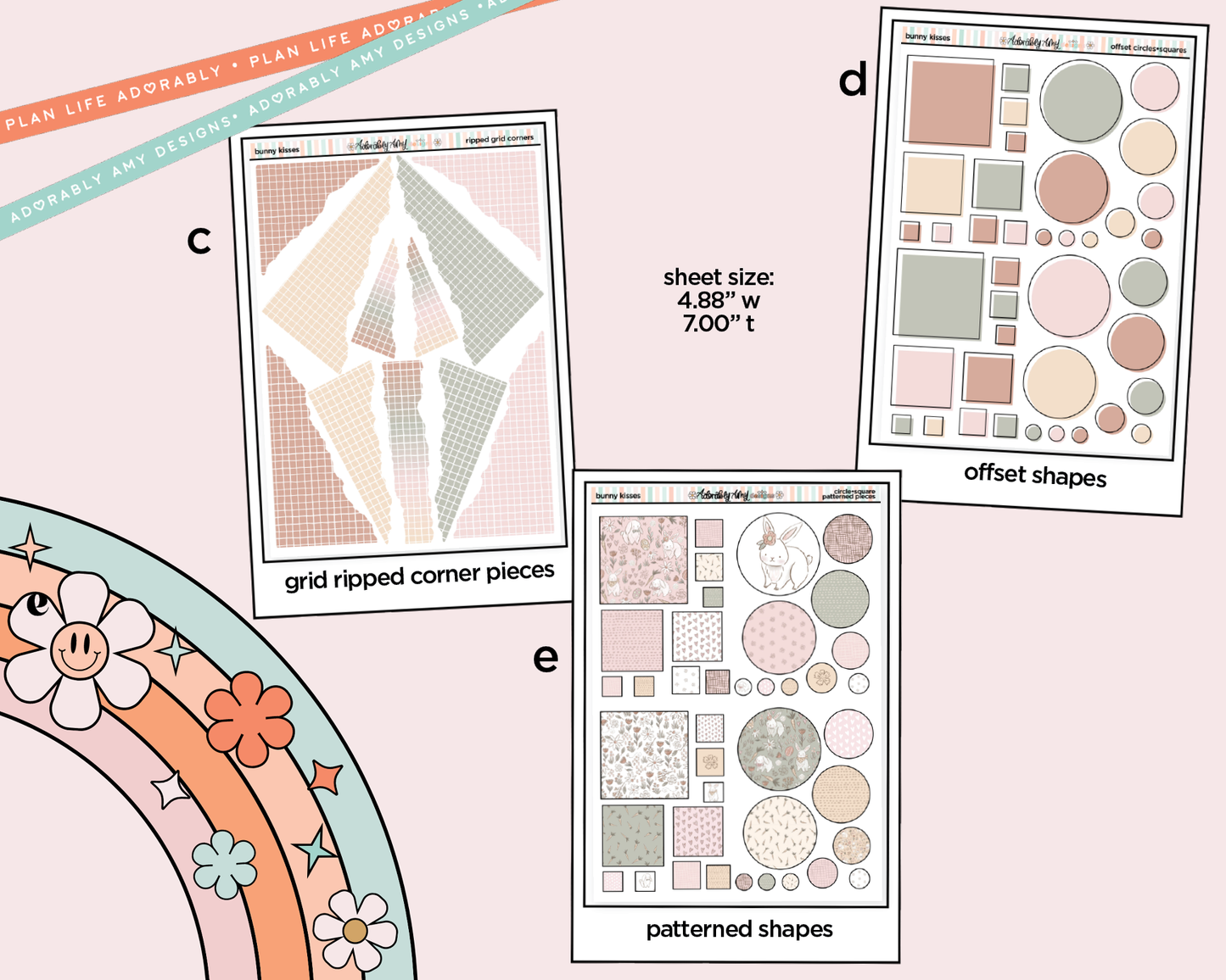Collection of planner stickers with geometric and floral designs on a pink background