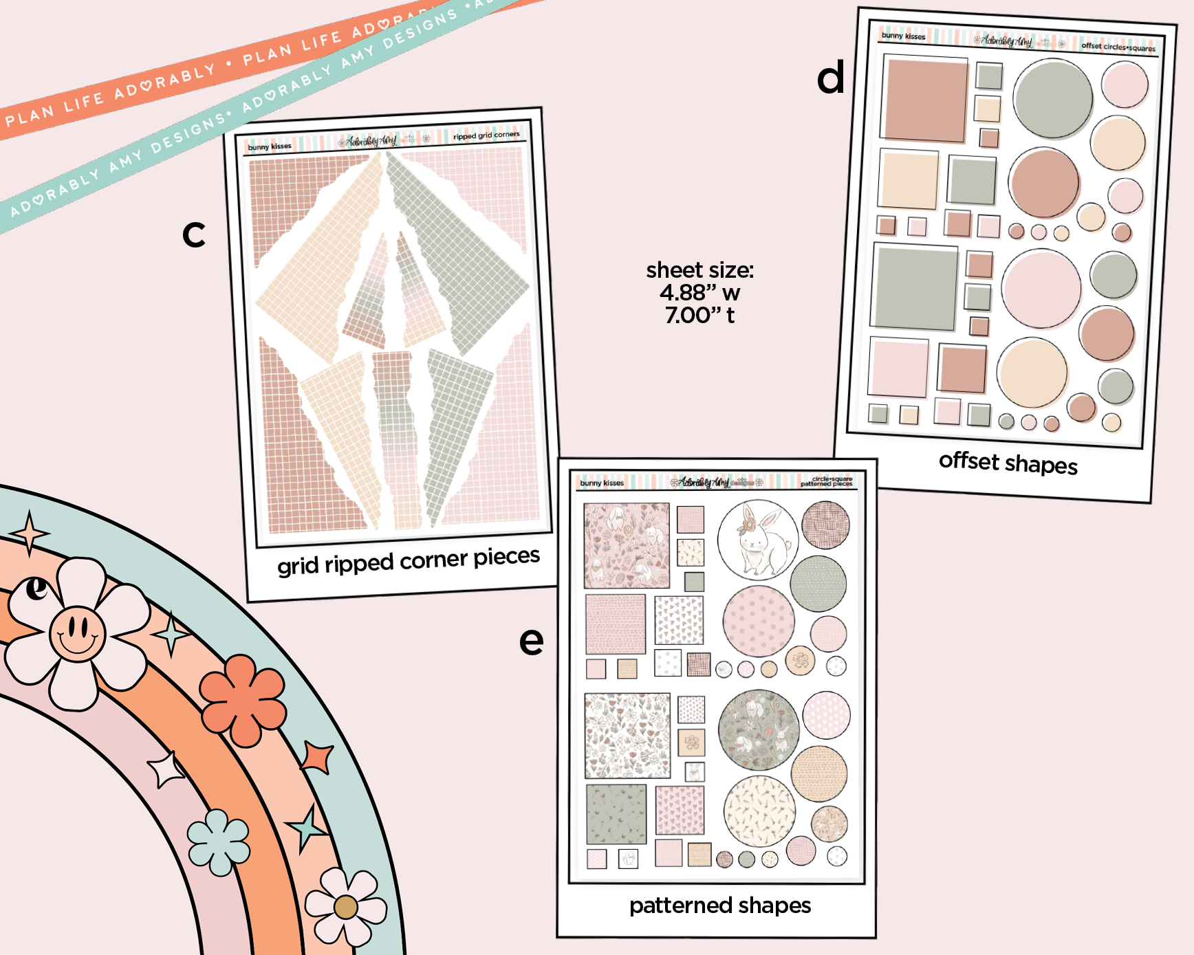 Collection of planner stickers with geometric and floral designs on a pink background