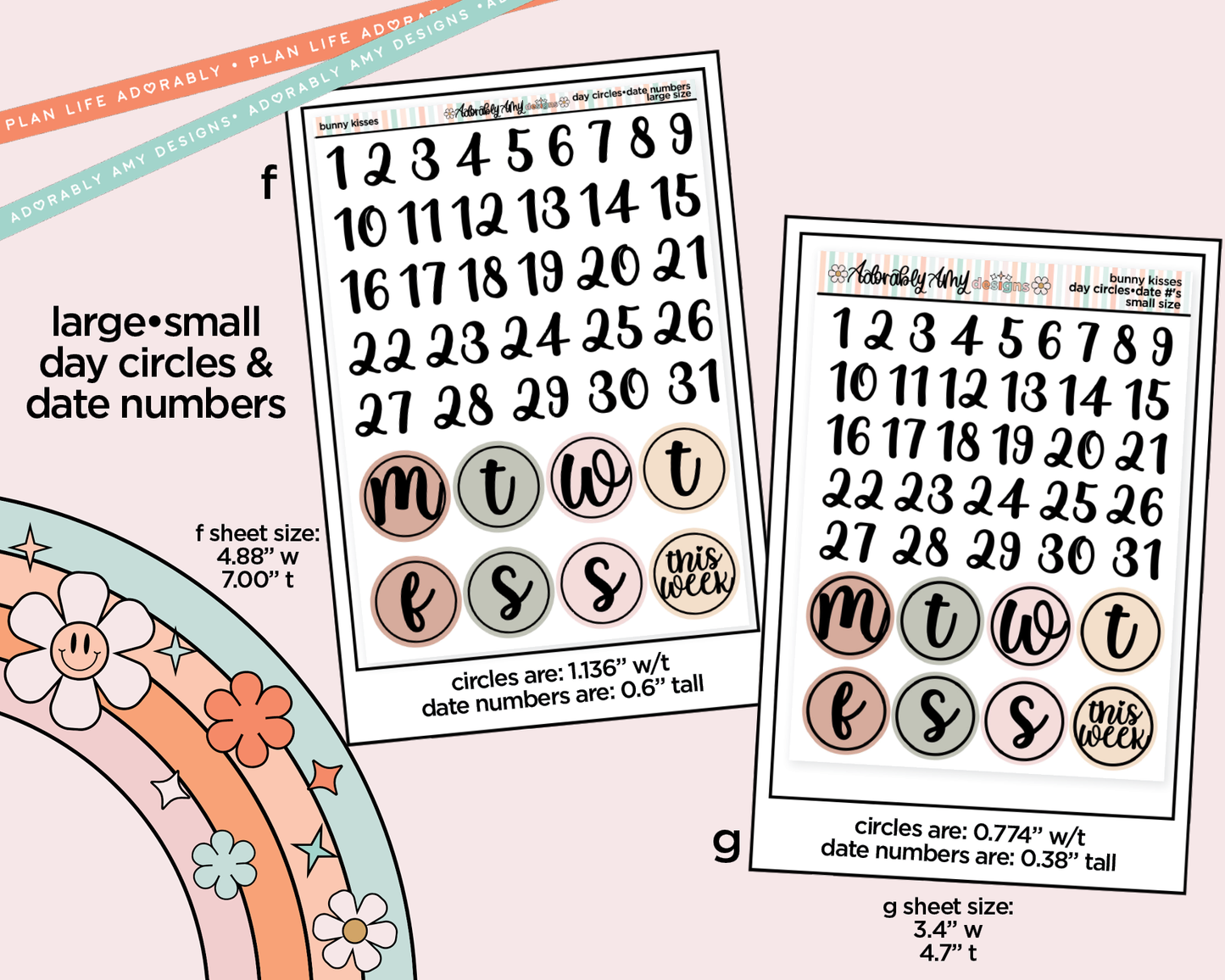 Sticker sheets with day circles and date numbers on a light pink background