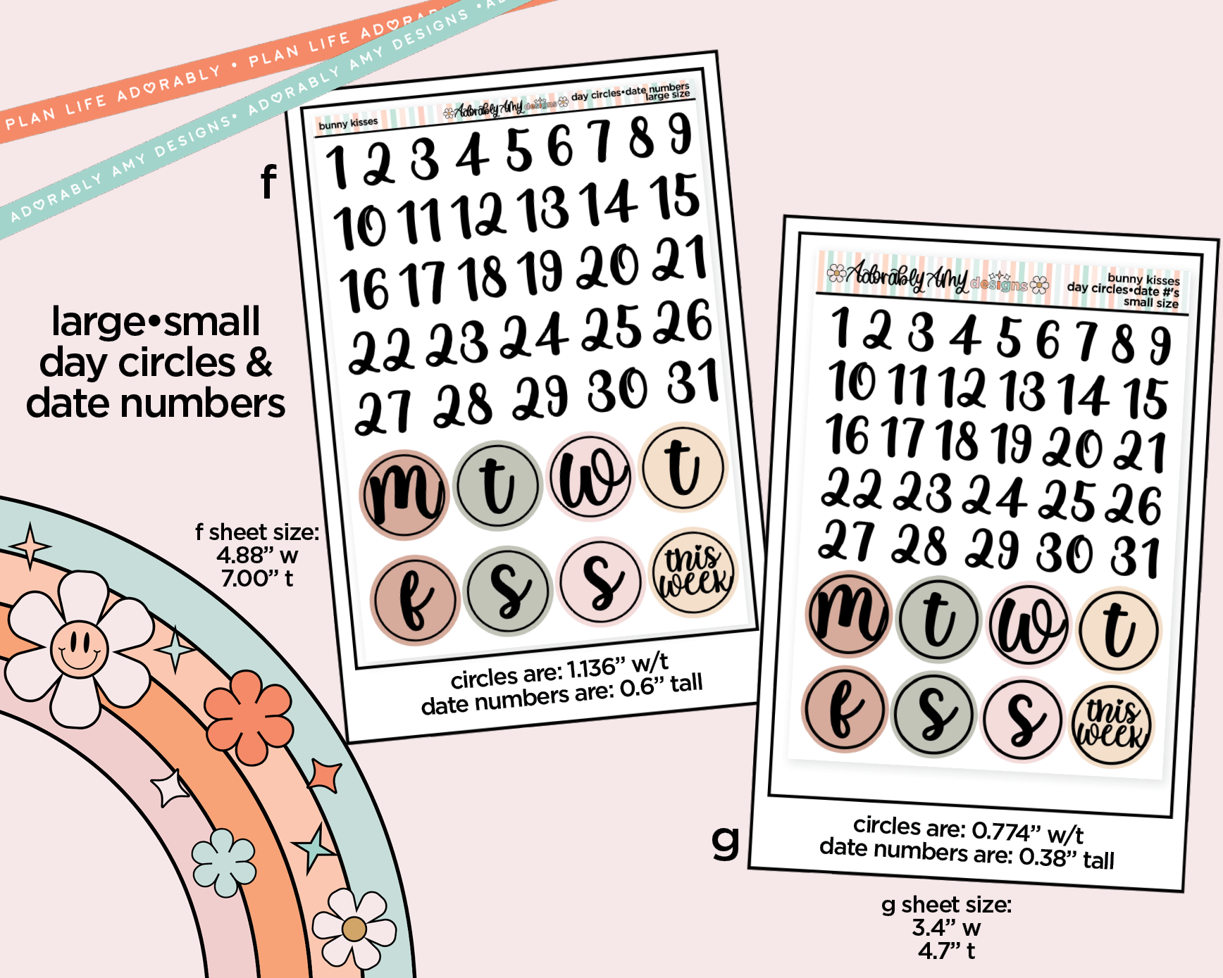 Sticker sheets with day circles and date numbers on a light pink background