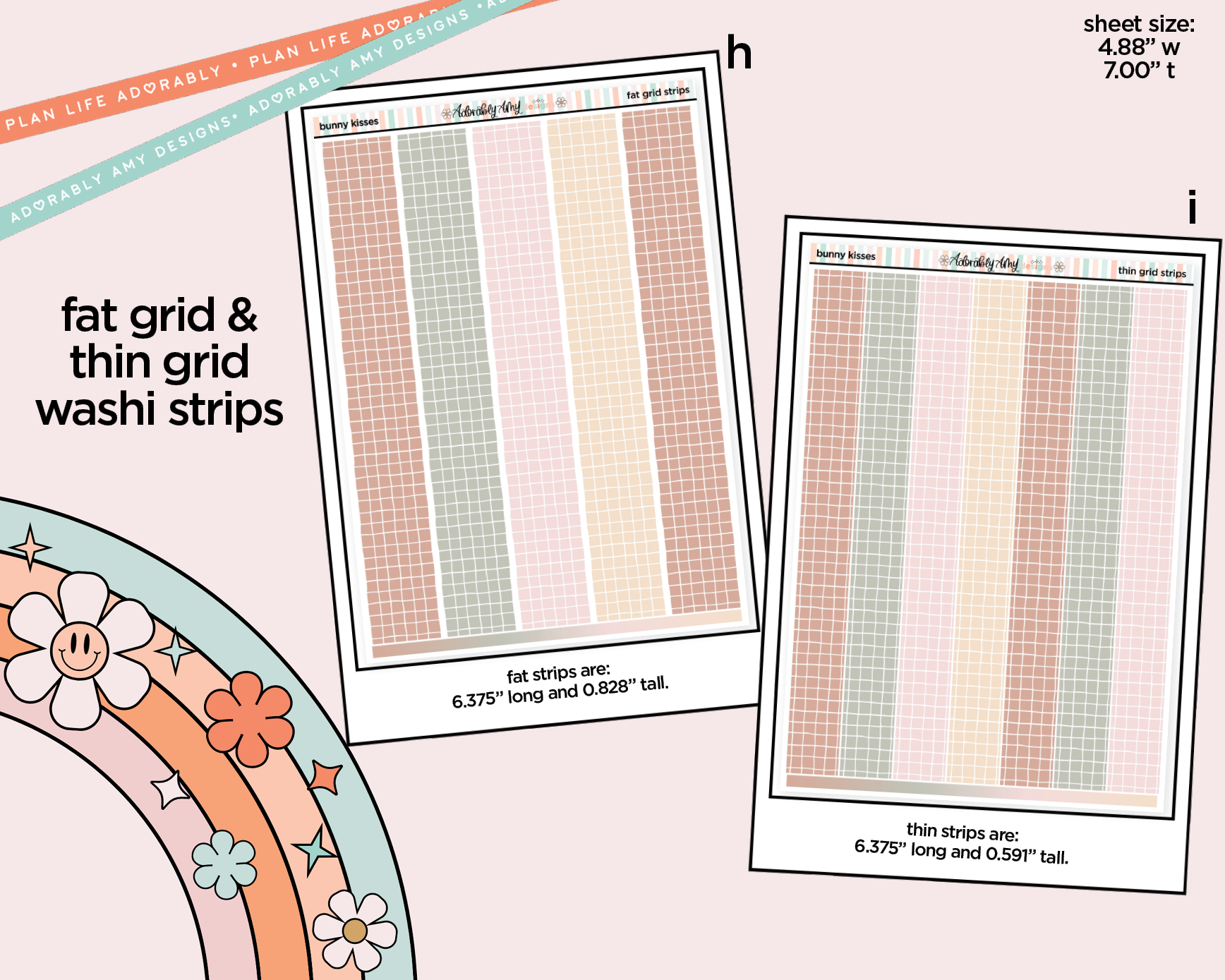 Two sheets of washi strips with grid patterns on a light pink background.