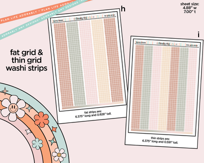 Two sheets of washi strips with grid patterns on a light pink background.