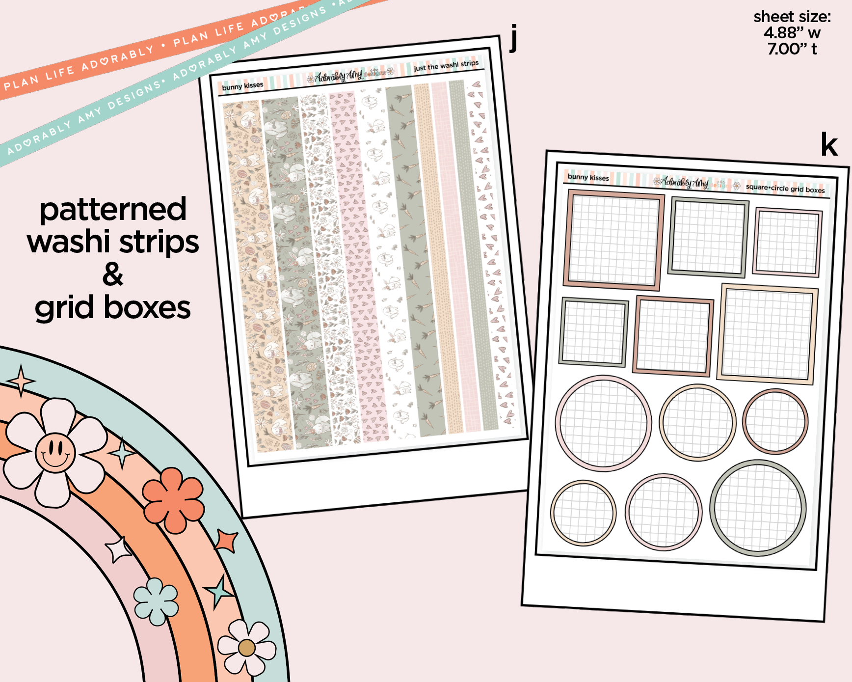 Patterned washi strips and grid boxes on a light pink background
