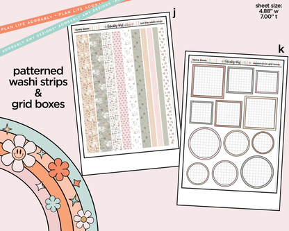 Patterned washi strips and grid boxes on a light pink background