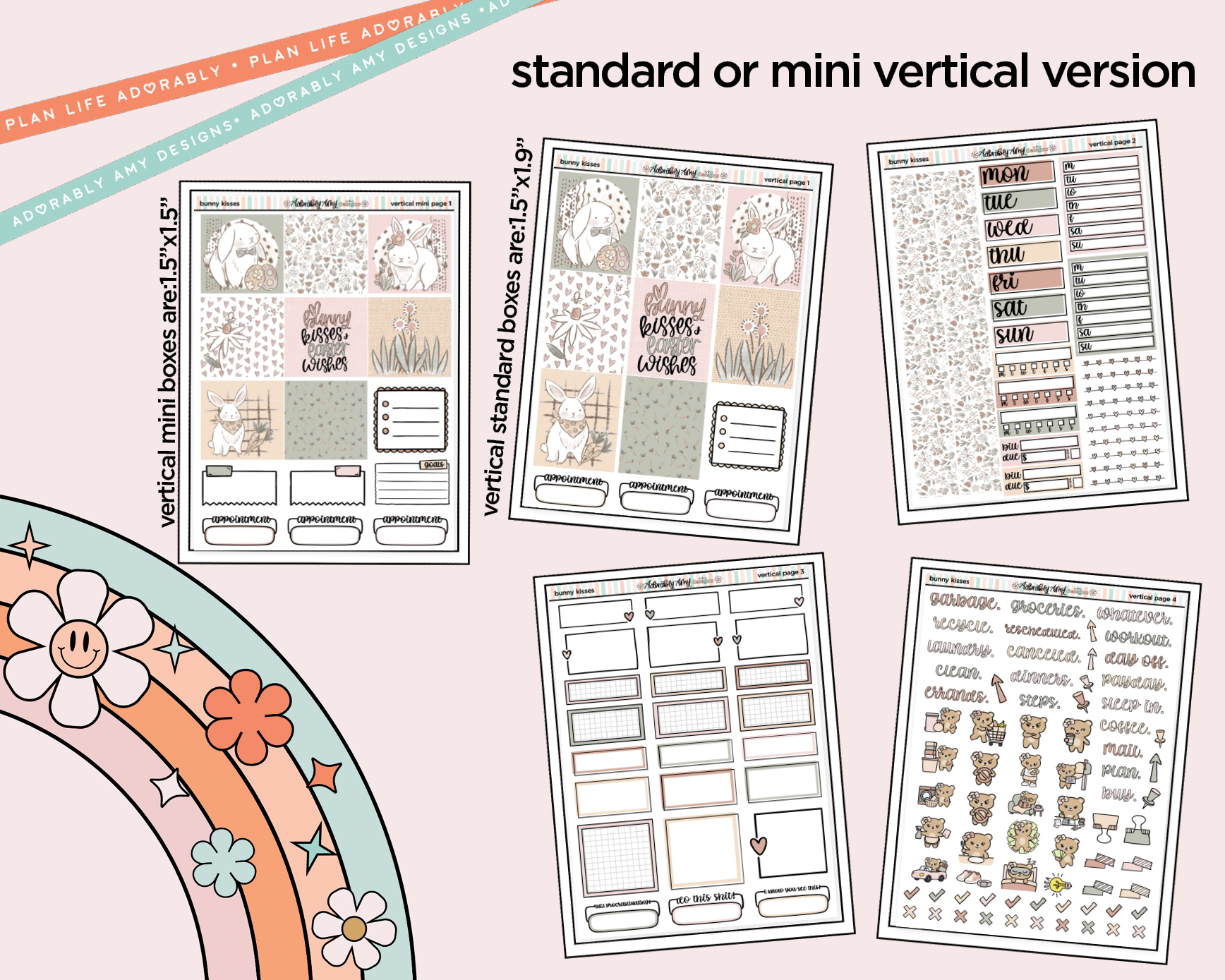 Vertical Bunny Kisses Easter Themed Sticker Kit for Vertical Standard Size Planners or Insert - Adorably Amy Designs
