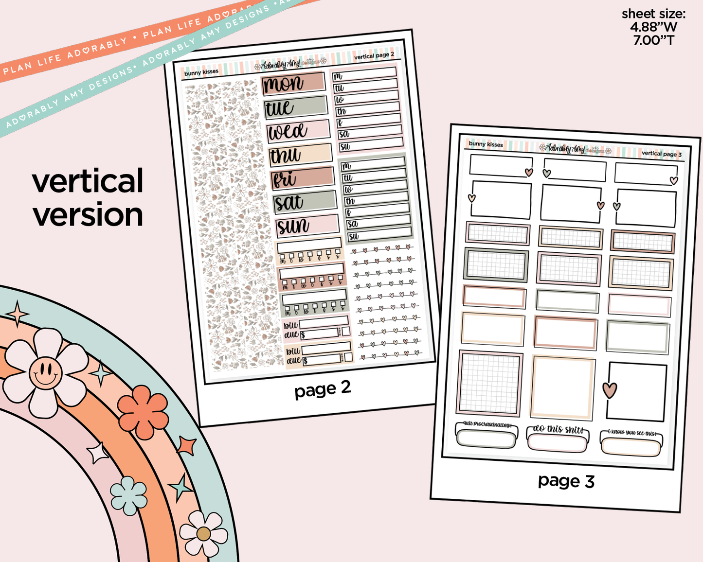 Vertical Bunny Kisses Easter Themed Sticker Kit for Vertical Standard Size Planners or Insert - Adorably Amy Designs