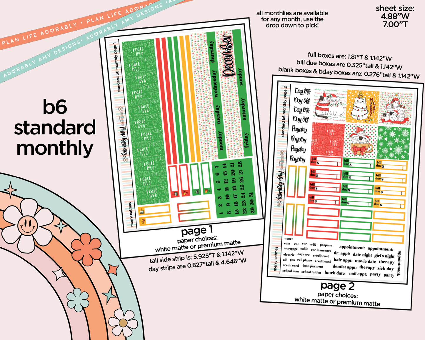 Standard B6 Monthly Pick Your Month Merry Catmas Planner Sticker Kit for some B6 Planners