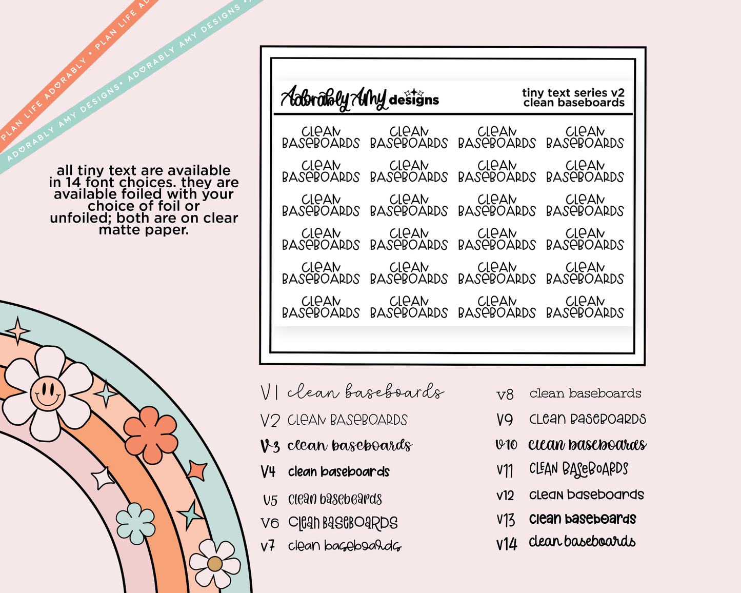 Foiled Tiny Text Series - Clean Baseboards Checklist Size Planner Sticker Sheet