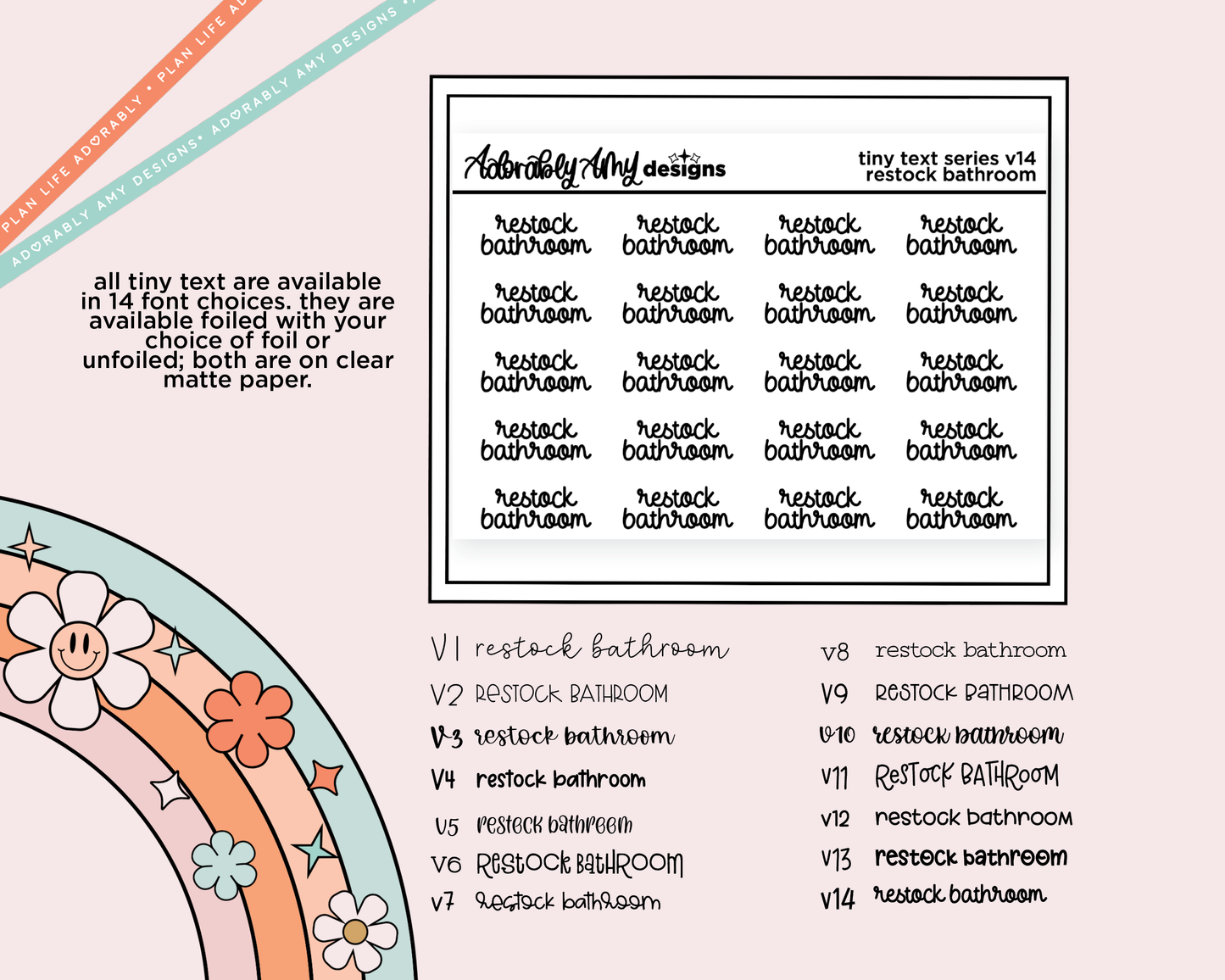 Foiled Tiny Text Series - Restock Bathroom Checklist Size Planner Sticker Sheet