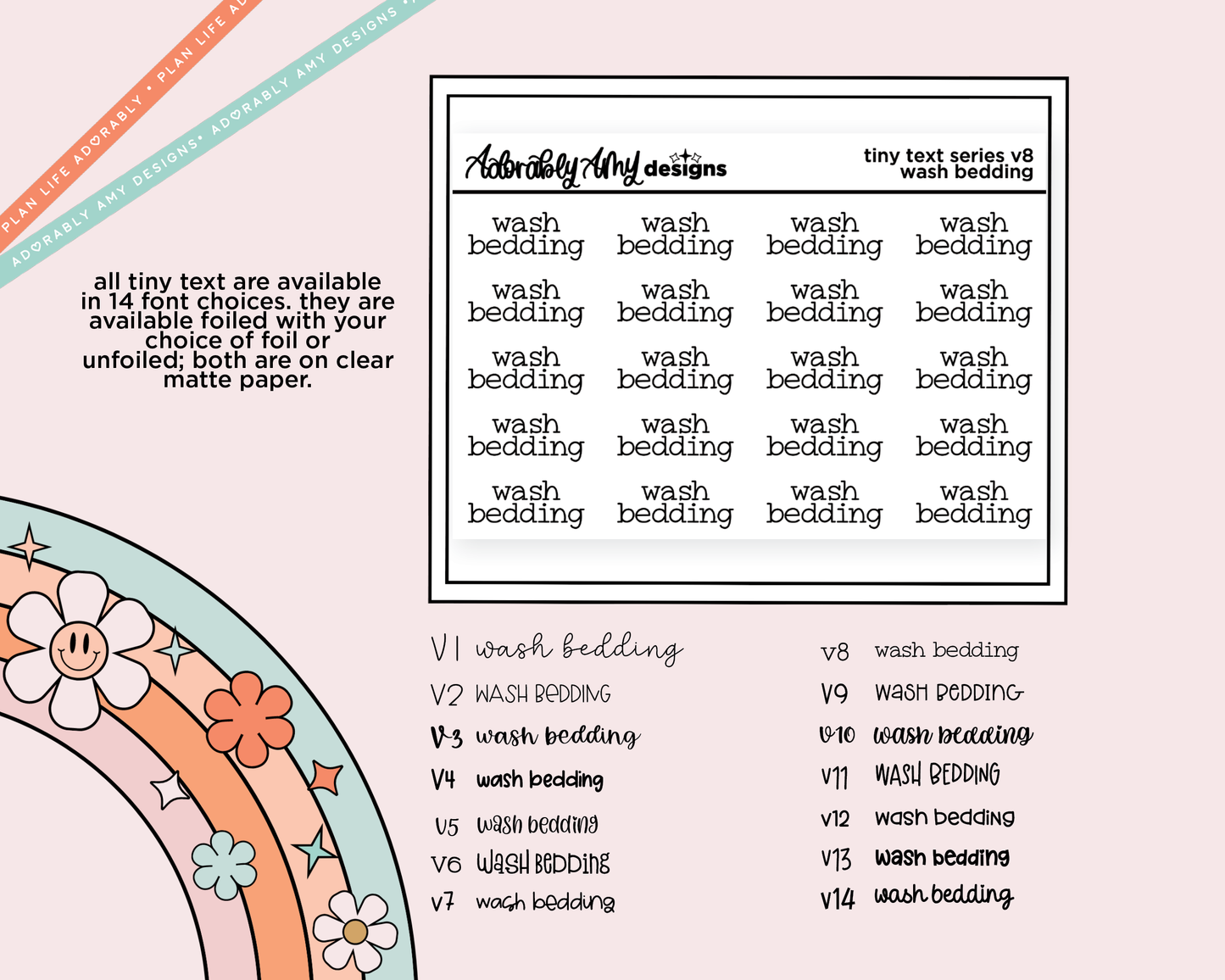 Foiled Tiny Text Series - Wash Bedding Checklist Size Planner Sticker Sheet
