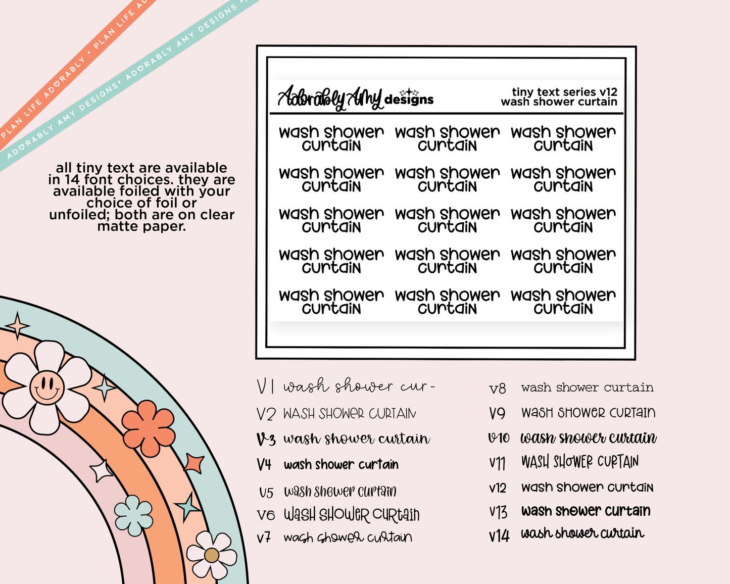 Foiled Tiny Text Series - Wash Shower Curtain Checklist Size Planner Sticker Sheet
