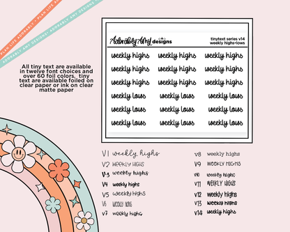 Foiled Tiny Text Series - Weekly Highs - Weekly Lows Checklist Size Planner Stickers for any Planner or Insert