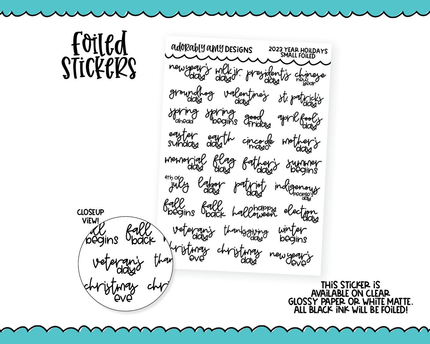 2023 Foiled Script Small Yearly Holidays Planner Stickers for Hobonichi Weeks, PP Weeks, or any tiny personal size inserts